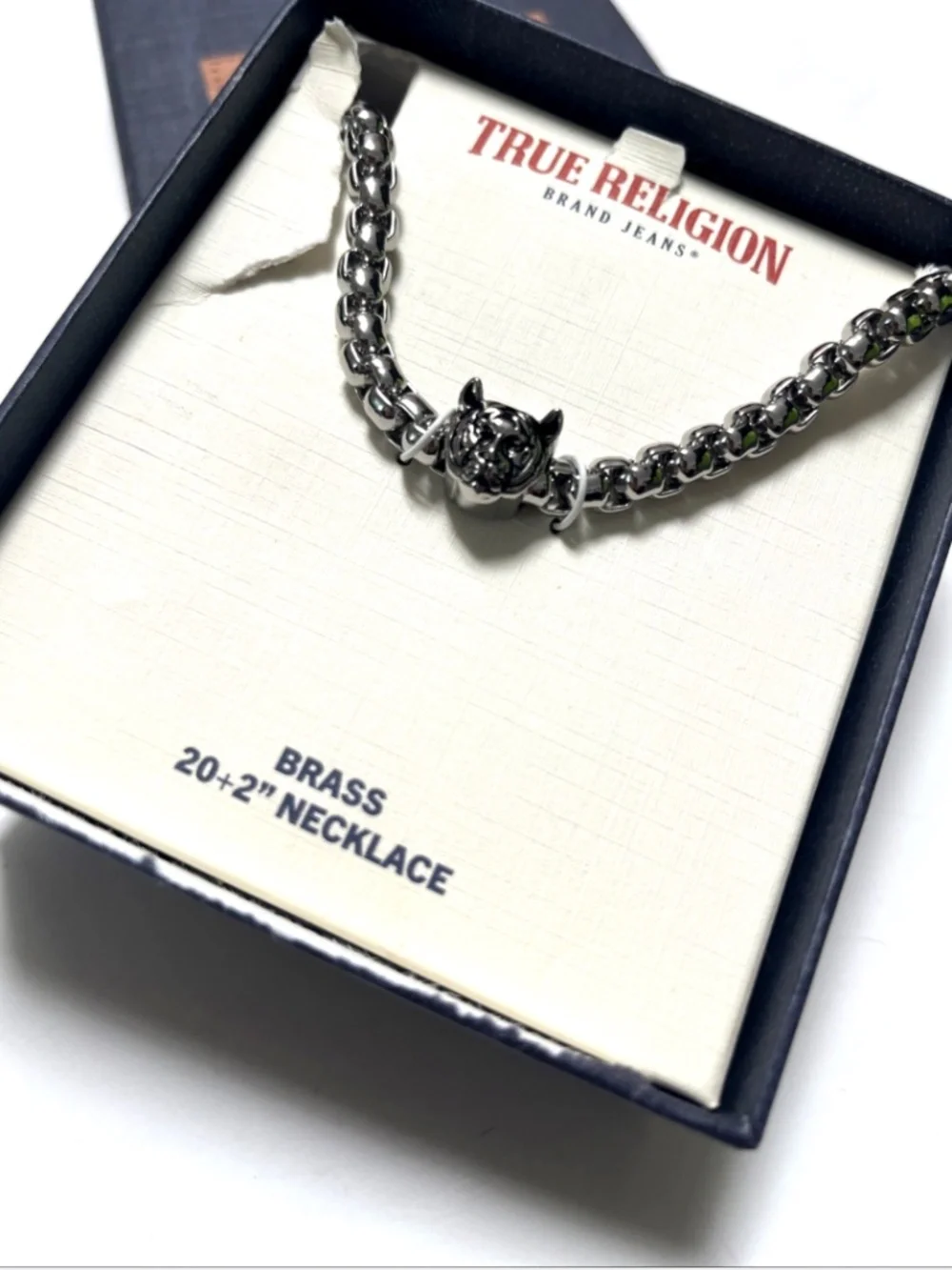 True Religion Men's Tiger Head Brass Necklace Silver Tone 20